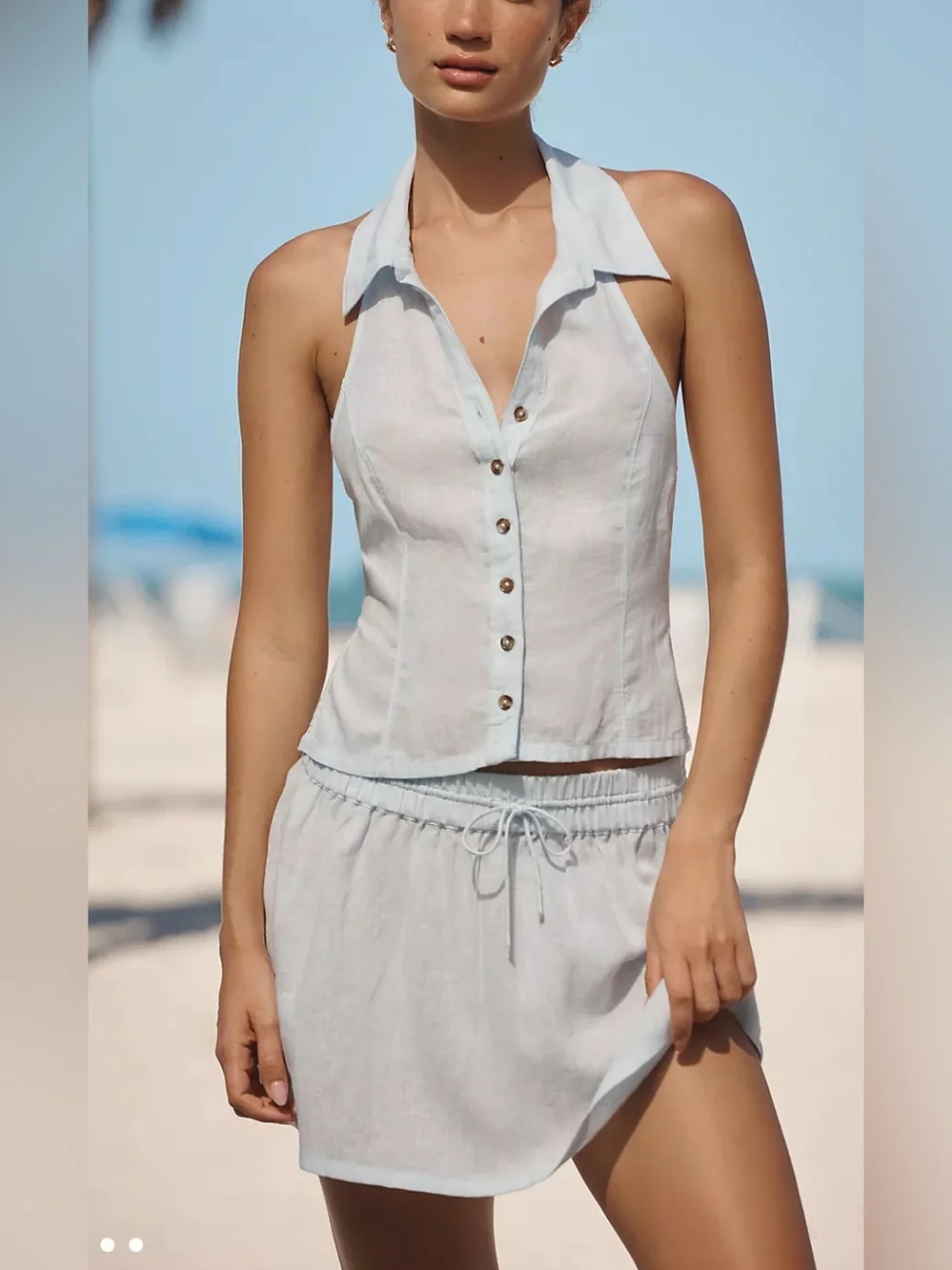 Anthropologie Gingham Dickie Light Blue Linen Halter Top & Mini Skirt Set